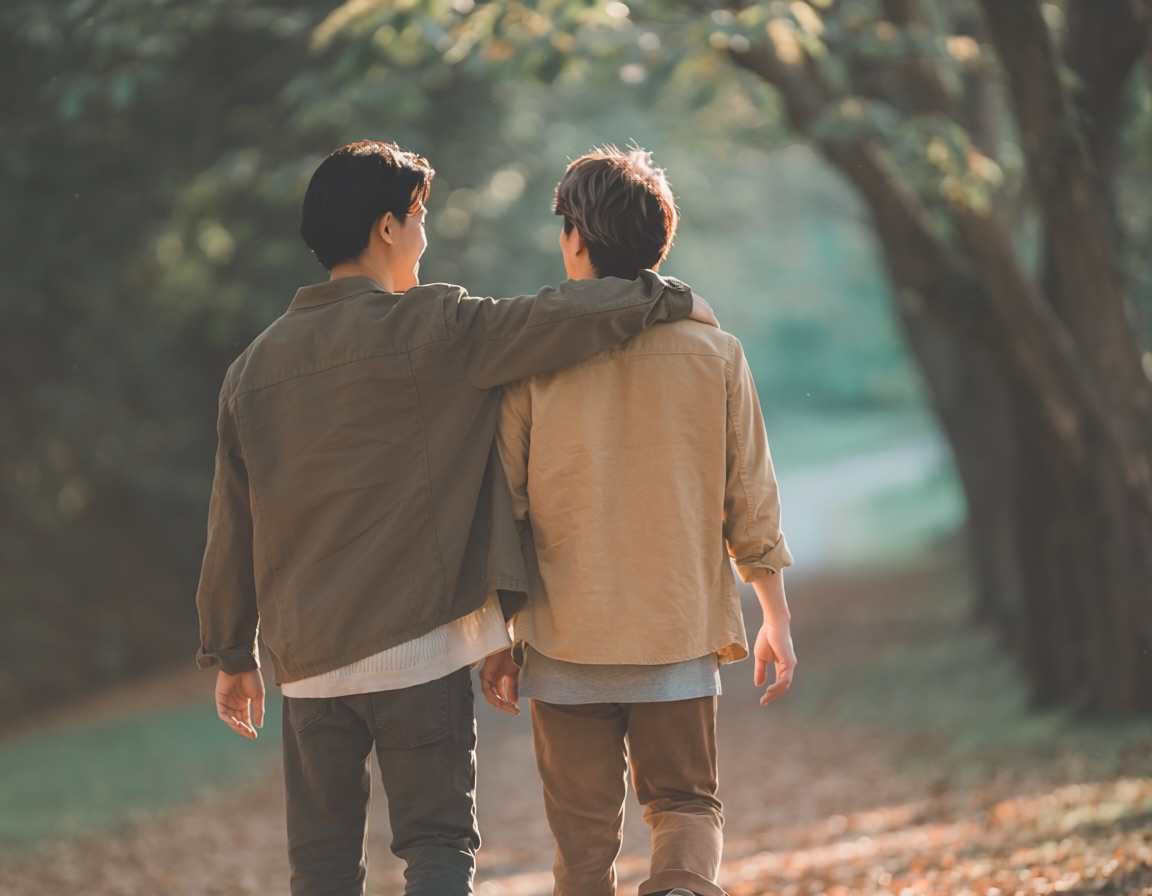 Two people walking together on a tree-lined path